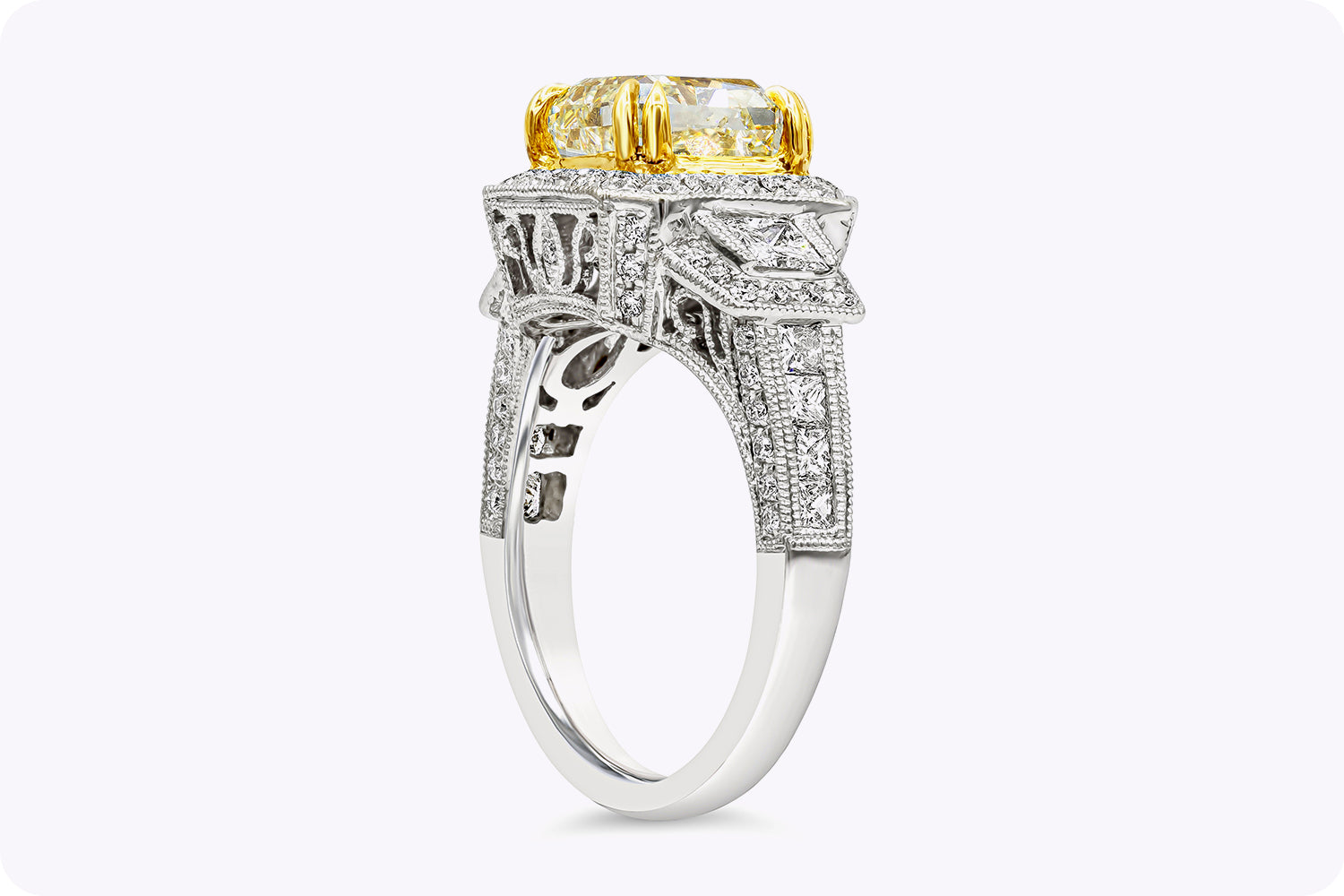 GIA Certified 3.40 Carats Radiant Cut Yellow Diamond Halo Engagement Ring in Yellow & White Gold