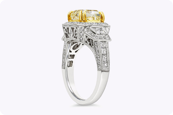 GIA Certified 3.40 Carats Radiant Cut Yellow Diamond Halo Engagement Ring in Yellow & White Gold