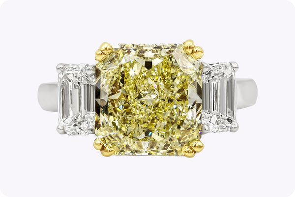 GIA Certified 4.68 Carats Yellow Diamond Three-Stone Engagement Ring in Yellow Gold & Platinum