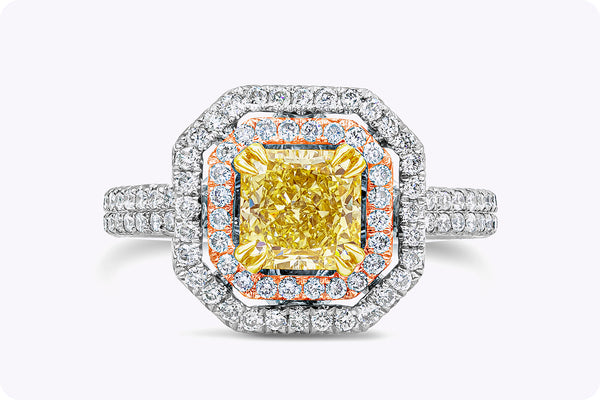 GIA Certified 1.16 Carats Radiant Cut Yellow Diamond Double Halo Engagement Ring in White Gold