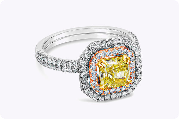 GIA Certified 1.16 Carats Radiant Cut Yellow Diamond Double Halo Engagement Ring in White Gold