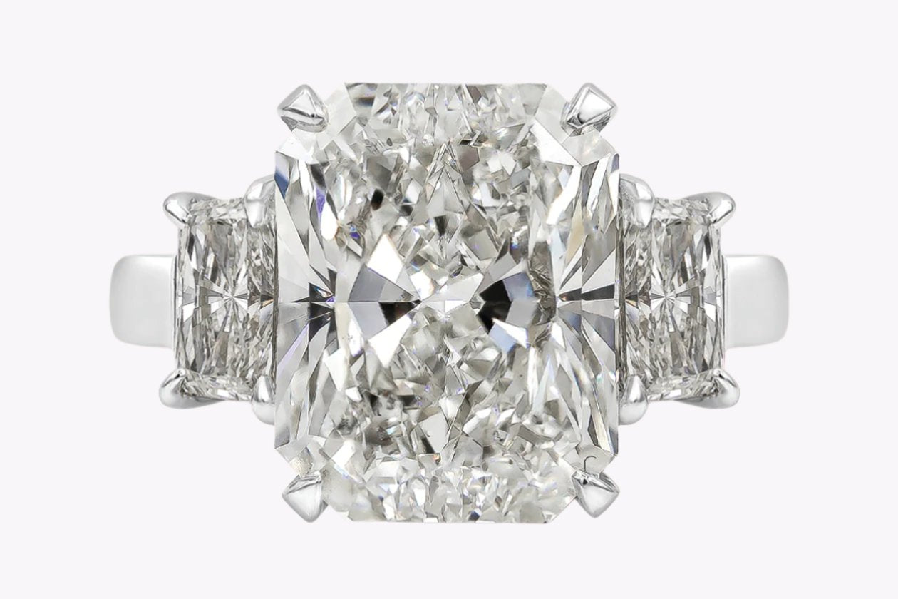 GIA Certified 8.01 Carats Radiant Cut Diamond Three-Stone Engagement Ring in Platinum