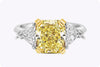 GIA Certified 4.06 Carats Radiant Cut Yellow Diamond Three-Stone Engagement Ring in Yellow Gold & Platinum