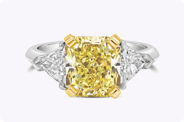 GIA Certified 4.06 Carats Radiant Cut Yellow Diamond Three-Stone Engagement Ring in Yellow Gold & Platinum