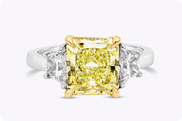 GIA Certified 3.31 Carats Radiant Cut Yellow Diamond Three-Stone Engagement Ring in Yellow Gold & Platinum