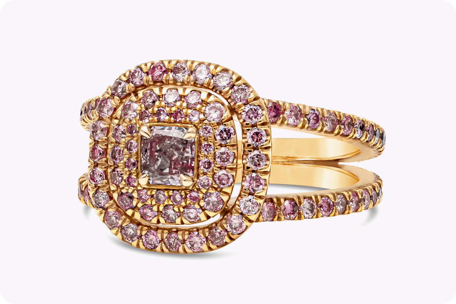 GIA Certified 0.31 Carat Radiant Purple Pink Diamond Triple Halo Engagement Ring in Rose Gold