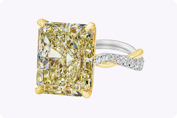 GIA Certified 12.16 Carats Radiant Cut Yellow Diamond Intertwined Engagement Ring in Yellow Gold & Platinum