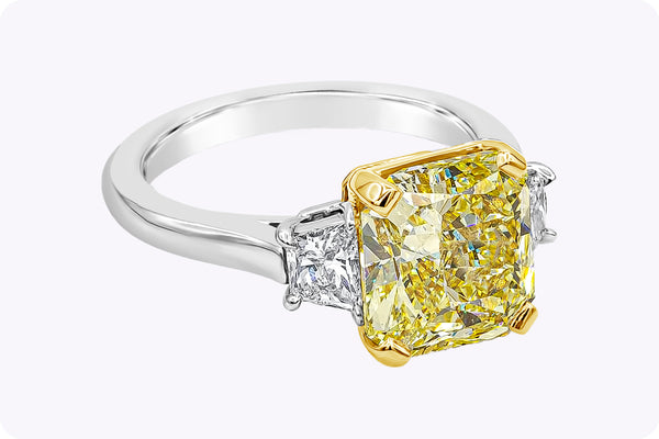 GIA Certified 3.64 Carats Radiant Cut Yellow Diamond Three-Stone Engagement Ring in Yellow Gold & Platinum