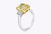 GIA Certified 3.64 Carats Radiant Cut Yellow Diamond Three-Stone Engagement Ring in Yellow Gold & Platinum