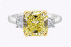 GIA Certified 3.64 Carats Radiant Cut Yellow Diamond Three-Stone Engagement Ring in Yellow Gold & Platinum