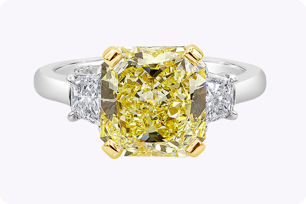 GIA Certified 3.64 Carats Radiant Cut Yellow Diamond Three-Stone Engagement Ring in Yellow Gold & Platinum