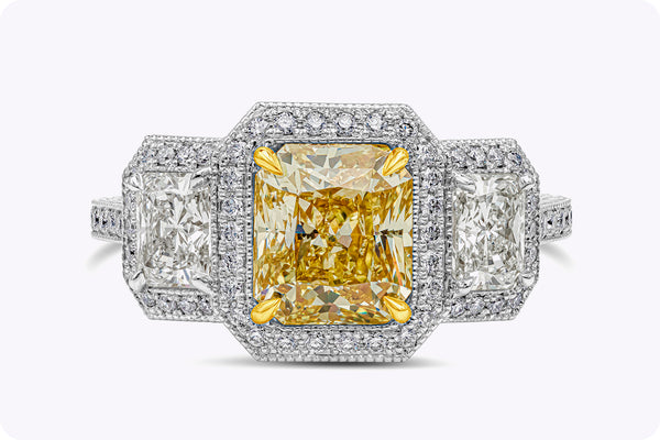 GIA Certified 1.96 Carats Radiant Cut Yellow Diamond Three-Stone Halo Engagement Ring in Yellow Gold & Platinum