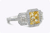 GIA Certified 1.96 Carats Radiant Cut Fancy Yellow Diamond Three-Stone Halo Engagement Ring in Yellow Gold and Platinum
