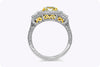 GIA Certified 1.96 Carats Radiant Cut Fancy Yellow Diamond Three-Stone Halo Engagement Ring in Yellow Gold and Platinum