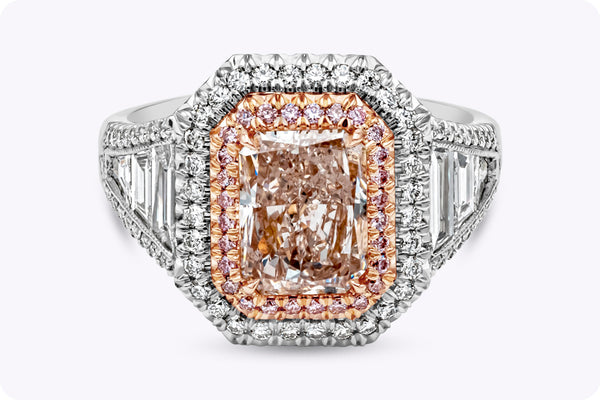 GIA Certified 2.01 Carats Radiant Cut Pink Diamond Double Halo Engagement Ring in Rose Gold & Platinum