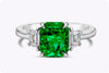 2.49 Carats Radiant Cut Colombian Emerald & Diamond Three-Stone Engagement Ring in Platinum