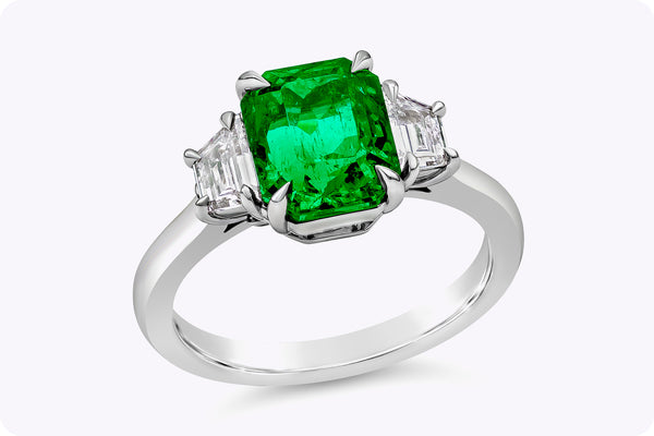 2.49 Carats Radiant Cut Colombian Emerald & Diamond Three-Stone Engagement Ring in Platinum