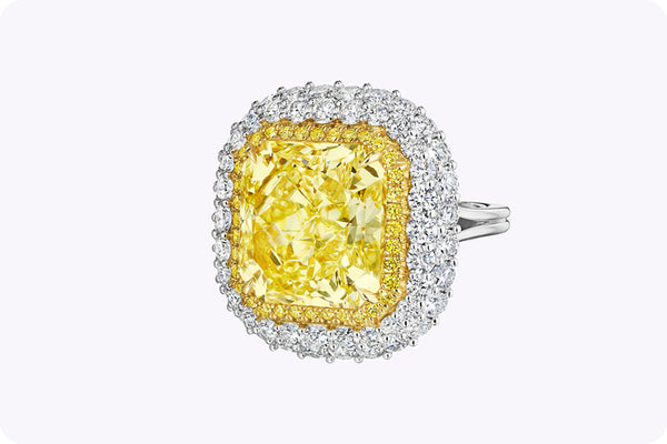 GIA 12.87 Carat Radiant Cut Yellow Diamond Double Halo Important Ring in Yellow Gold & Platinum