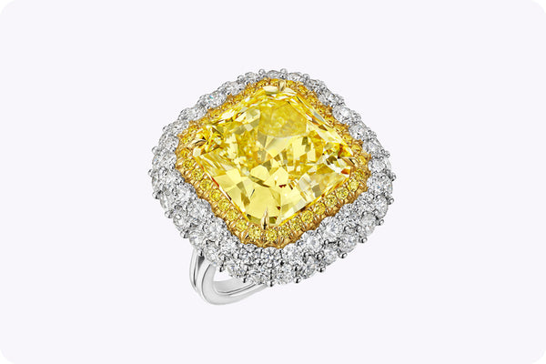 GIA 12.87 Carat Radiant Cut Yellow Diamond Double Halo Important Ring in Yellow Gold & Platinum