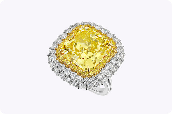 GIA 12.87 Carat Radiant Cut Yellow Diamond Double Halo Important Ring in Yellow Gold & Platinum