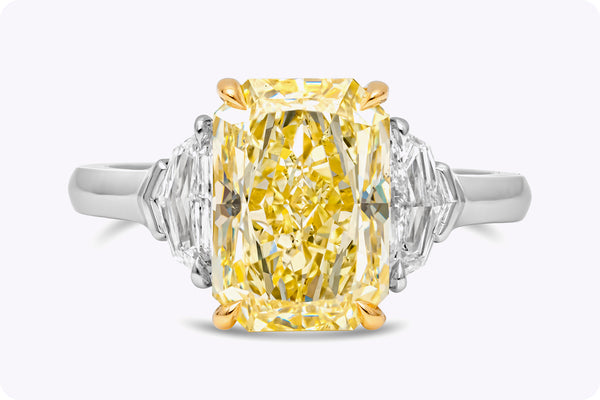 GIA Certified 4.02 Carats Radiant Cut Yellow Diamond Three-Stone Engagement Ring in Yellow Gold & Platinum