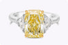 GIA Certified 4.02 Carats Radiant Cut Fancy Yellow Diamond Three Stone Engagement Ring in Yellow Gold and Platinum