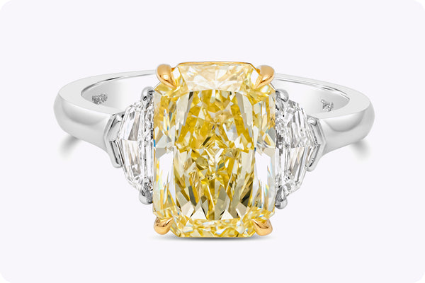 GIA Certified 4.02 Carats Radiant Cut Yellow Diamond Three-Stone Engagement Ring in Yellow Gold & Platinum