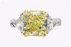 GIA Certified 4.50 Carats Radiant Cut Yellow Diamond Three-Stone Engagement Ring in Platinum