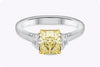 GIA Certified 2.02 Carats Radiant Cut Fancy Yellow Diamond Three-Stone Engagement Ring in Yellow Gold and Platinum