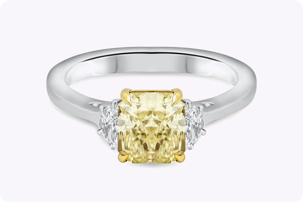 GIA Certified 2.02 Carats Radiant Cut Yellow Diamond Three-Stone Engagement Ring in Yellow Gold & Platinum