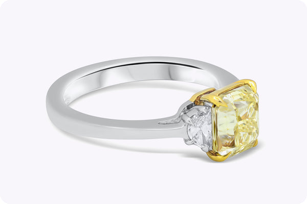 GIA Certified 2.02 Carats Radiant Cut Yellow Diamond Three-Stone Engagement Ring in Yellow Gold & Platinum