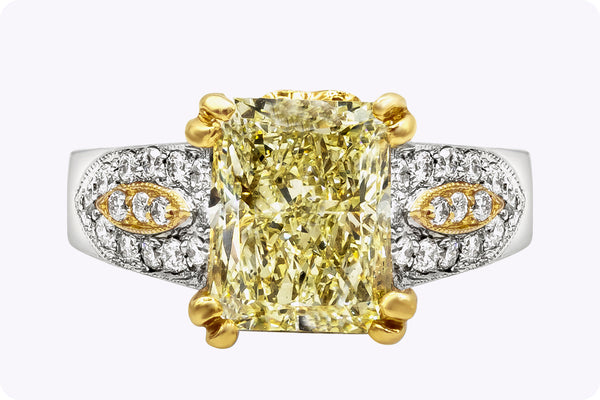 GIA Certified 3.87 Carats Radiant Cut Yellow Diamond Engagement Ring in Yellow & White Gold