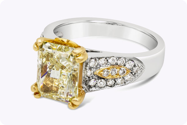 GIA Certified 3.87 Carats Radiant Cut Yellow Diamond Engagement Ring in Yellow & White Gold