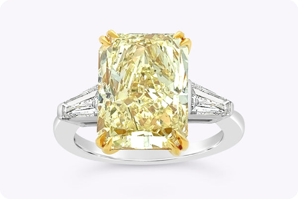 7.02 Carats Radiant Cut Yellow Diamond Three-Stone Engagement Ring in Yellow Gold & Platinum
