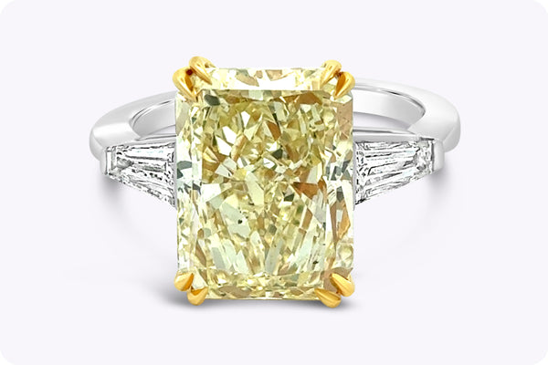 7.02 Carats Radiant Cut Yellow Diamond Three-Stone Engagement Ring in Yellow Gold & Platinum
