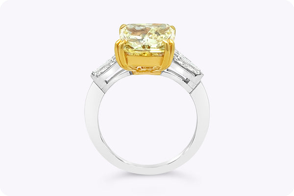 7.02 Carats Radiant Cut Yellow Diamond Three-Stone Engagement Ring in Yellow Gold & Platinum