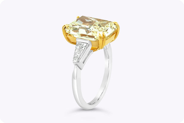 7.02 Carats Radiant Cut Yellow Diamond Three-Stone Engagement Ring in Yellow Gold & Platinum