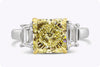 GIA Certified 3.39 Carats Radiant Cut Yellow Diamond Three-Stone Engagement Ring in Yellow Gold & Platinum