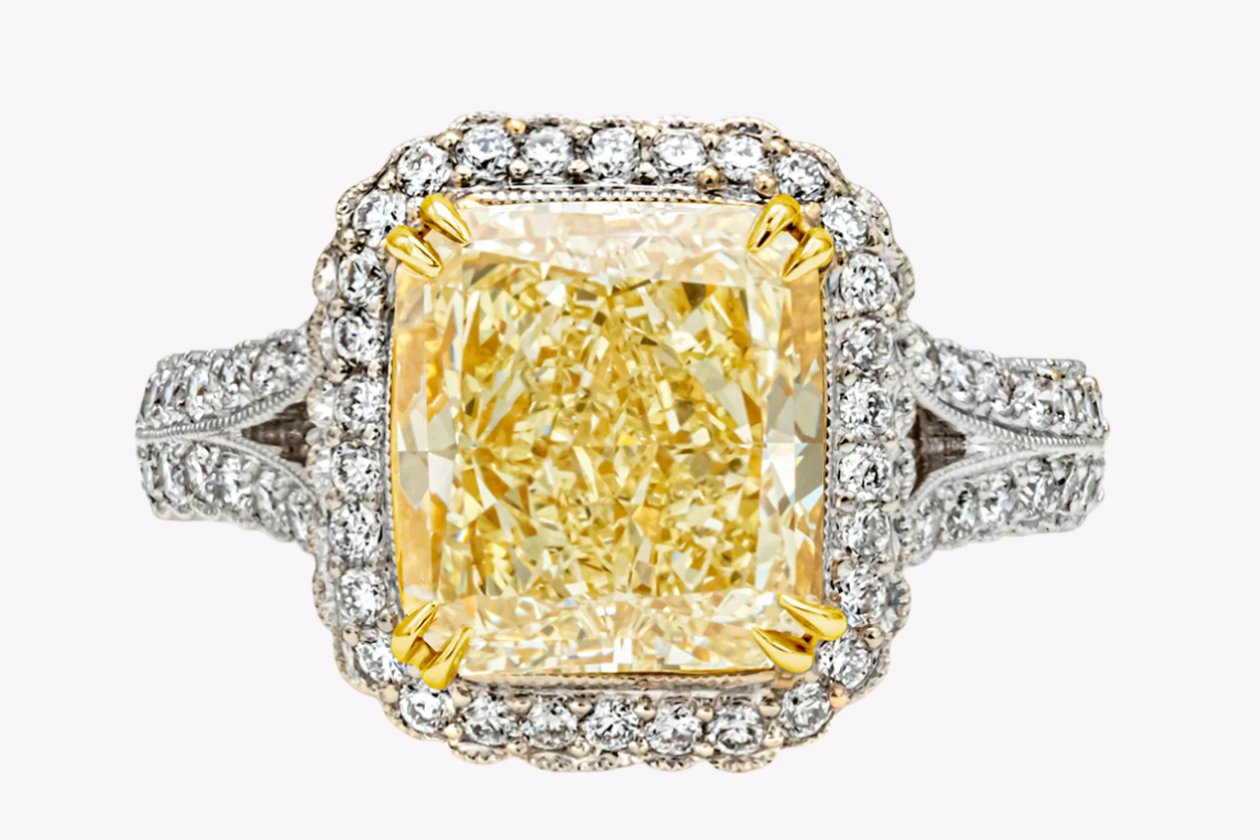 4.51ct Radiant Cut Yellow Diamond Halo Engagement Ring in Yellow Gold ...