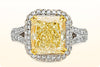 GIA Certified 4.51 Carats Radiant Cut Fancy Yellow Diamond Halo Engagement Ring in Yellow Gold and Platinum