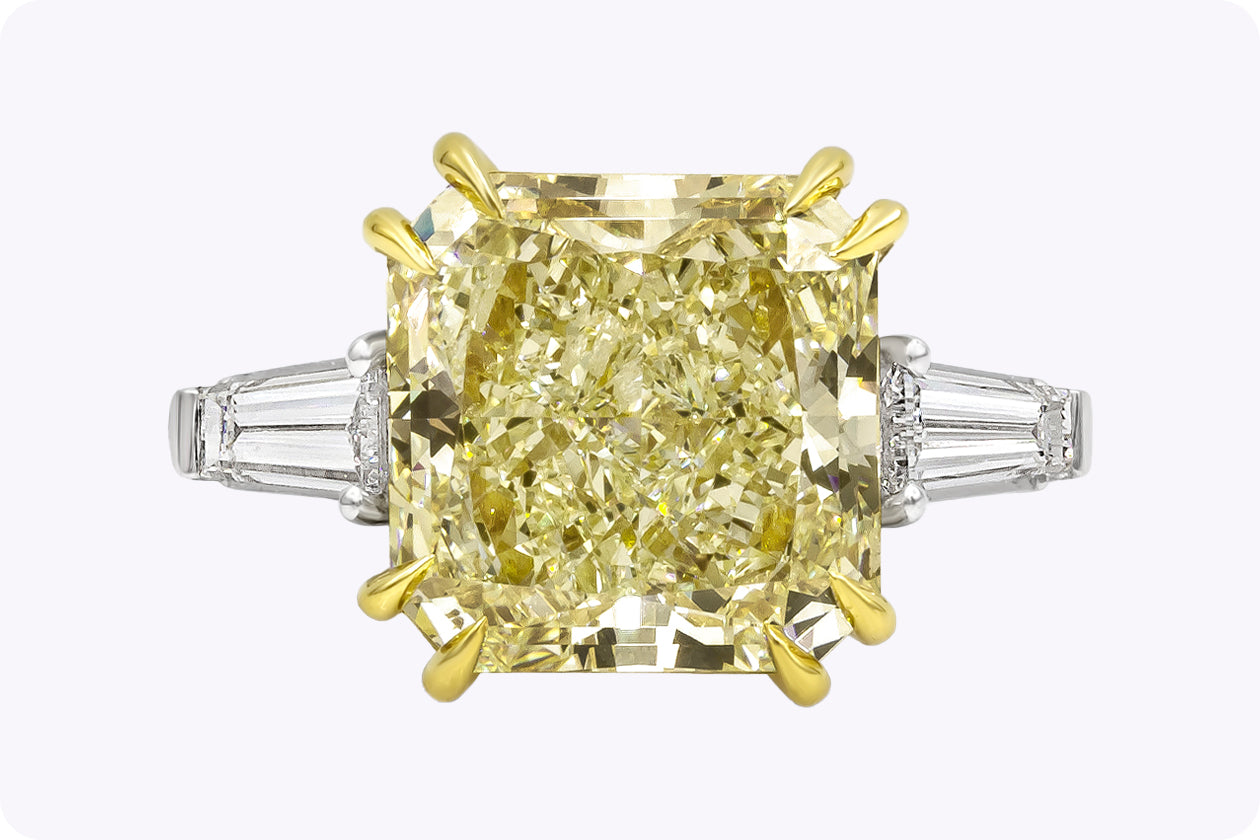 GIA Certified 10.11 Carats Radiant Cut Yellow Diamond Three-Stone Engagement Ring in Platinum