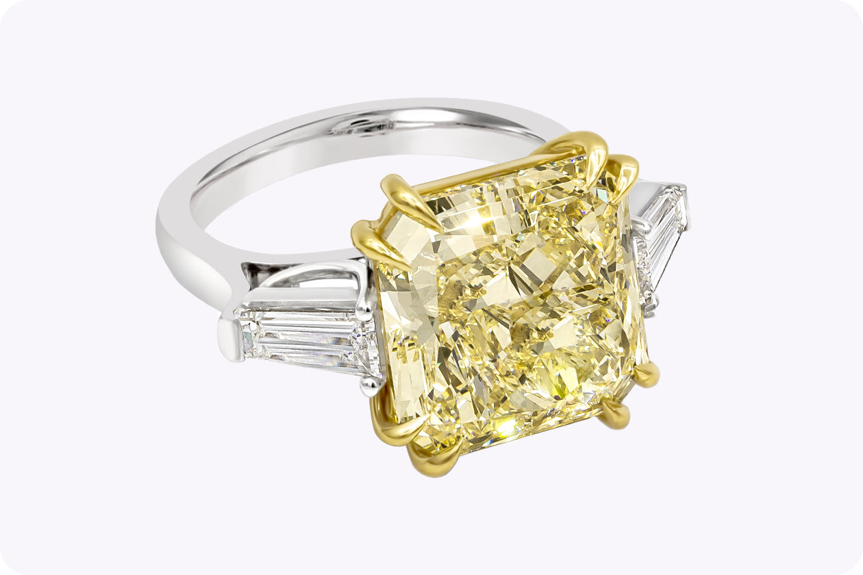 GIA Certified 10.11 Carats Radiant Cut Yellow Diamond Three-Stone Engagement Ring in Platinum