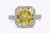 5.27 Carat Radiant Cut Yellow Diamond Vintage Halo Engagement Ring in Platinum