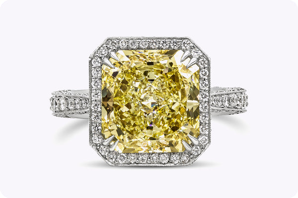 5.27 Carats Radiant Cut Yellow Diamond Halo Vintage Style Engagement Ring in Platinum