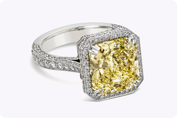 5.27 Carats Radiant Cut Yellow Diamond Halo Vintage Style Engagement Ring in Platinum