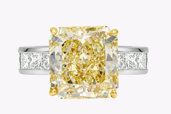 GIA Certified 9.36 Carats Radiant Cut Yellow Diamond Engagement Ring in Yellow Gold & Platinum