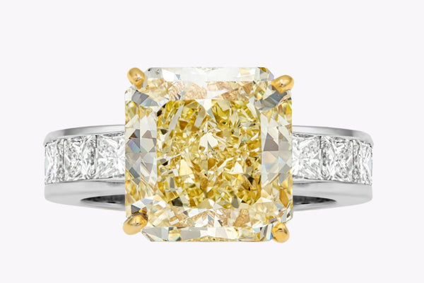 GIA Certified 9.36 Carats Radiant Cut Yellow Diamond Engagement Ring in Yellow Gold & Platinum