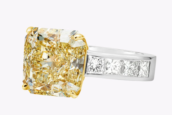 GIA Certified 9.36 Carats Radiant Cut Yellow Diamond Engagement Ring in Yellow Gold & Platinum