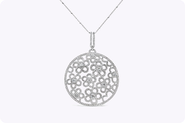 3.92 Carats Total Round Brilliant Cut Diamond Floral Pendant Necklace in White Gold