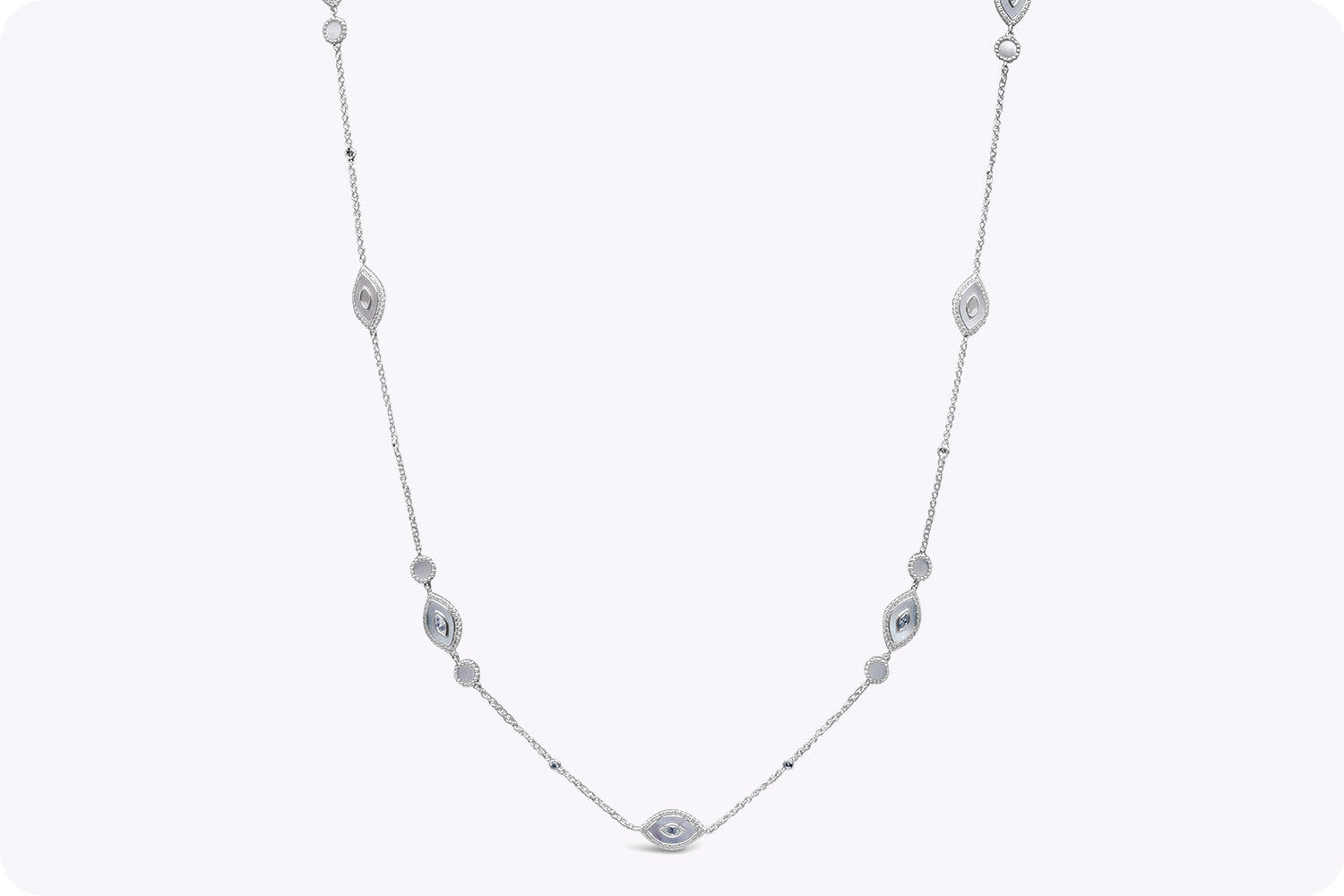 3.77 Carats Total Diamond & Mother of Pearl Evil Eye Long Necklace in White Gold